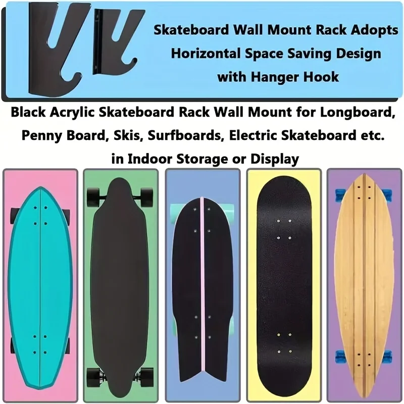 2pcs metal wall-mounted skateboard display stand, double deck storage rack with hooks, suitable for living room, skateboard rack