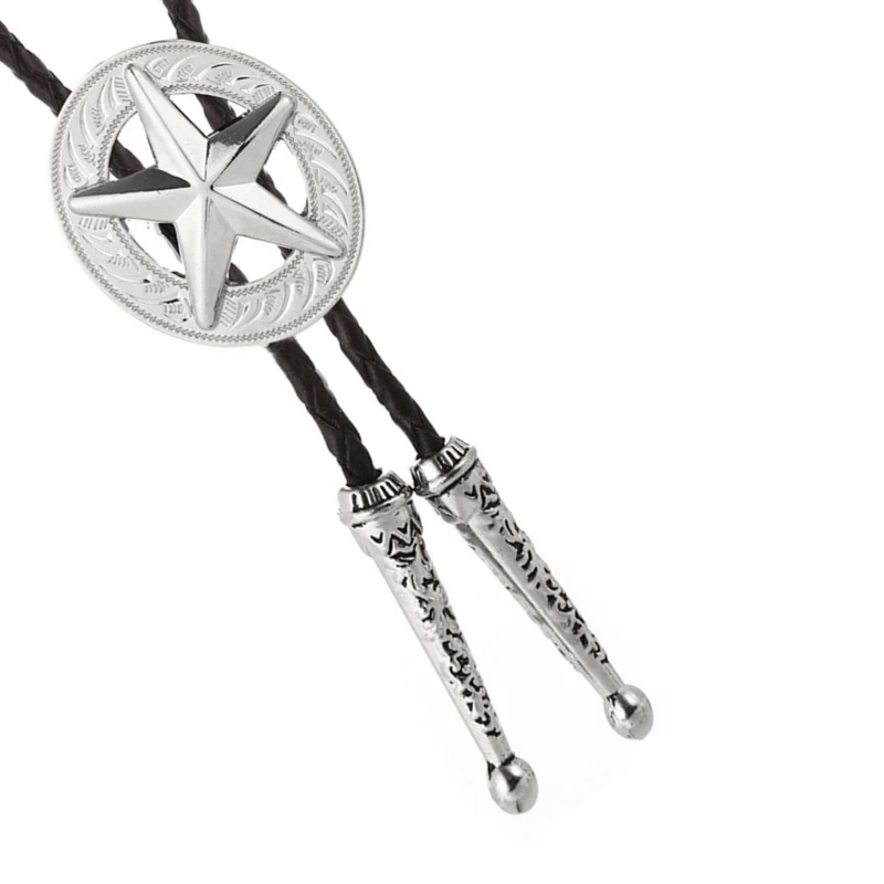 Bolo Tie Necktie Artificial Leather Braided Rope Necklace with Vintage Metal Star Badge Pendant Jewelry Cowboy Neckwear