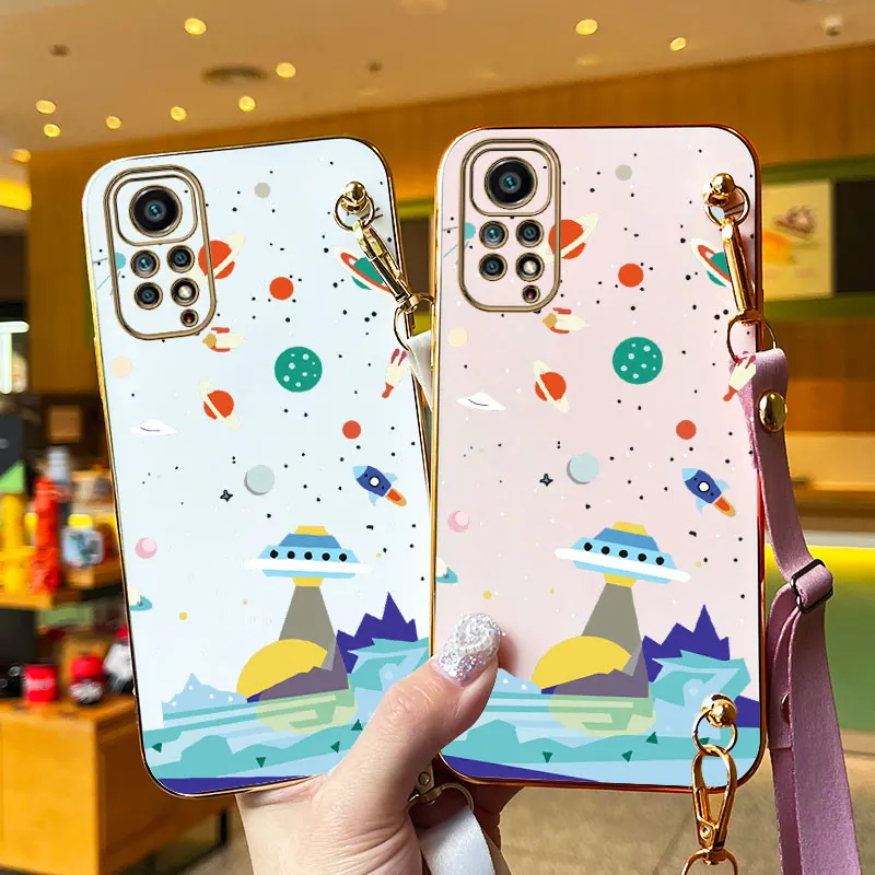 Sailing Spaceships Lanyard Plating Phone Case For Xiaomi Redmi Note 11 11Pro 11TPro 11T 11TProPlus 11SE 11S 12 10S 12R 10 Cover