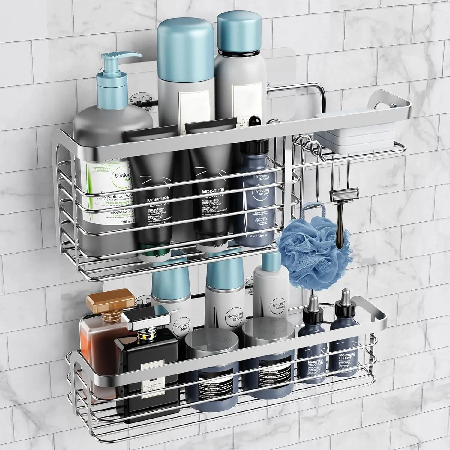 

2-Pack No-Drill Stainless Steel Shower Caddy, Adhesive Bathroom Organizer for Shampoo and Soap, Silver