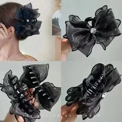 2024 New Women's Black Sand Fashionable and Sweet Bow Grab Clip Back Spoon Pan Hair Style Shark Clip Hair Card Accessories