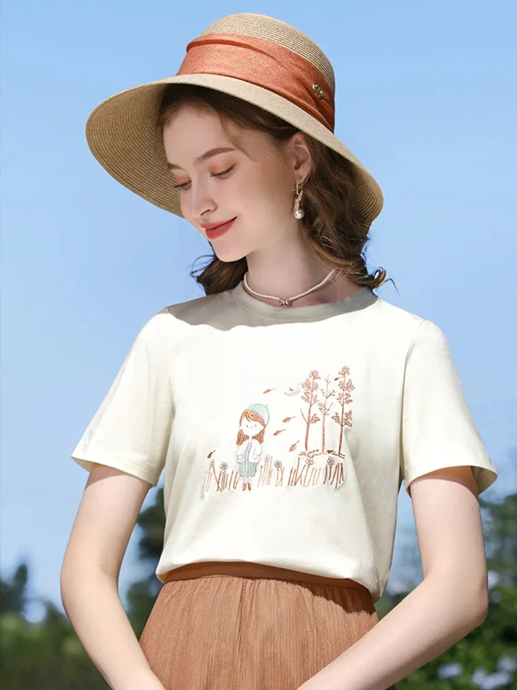 I BELIEVE YOU Short-sleeve Women T-shirts 2024 Summer New Cool Feeling Ice Porcelain Cotton Embroidery Female Clothes 2241015586