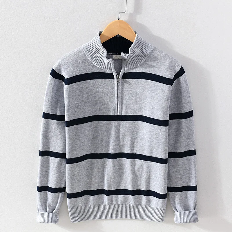 Autumn Winter New Men pullover Sweater Men's Stand Collar Half Zip Cotton 100% Thickened Knit Stripe High Street Clothes