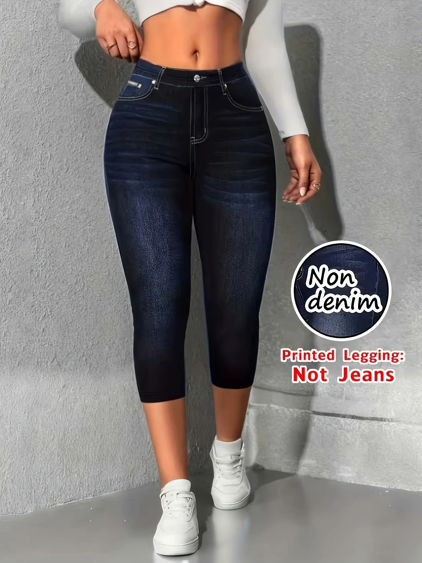 

Women's Faux Denim Printed Cropped Pants, Non-Denim Fabric Casual Leggings, Outdoor Sports Yoga Pants, Fashionable Vacation Beac
