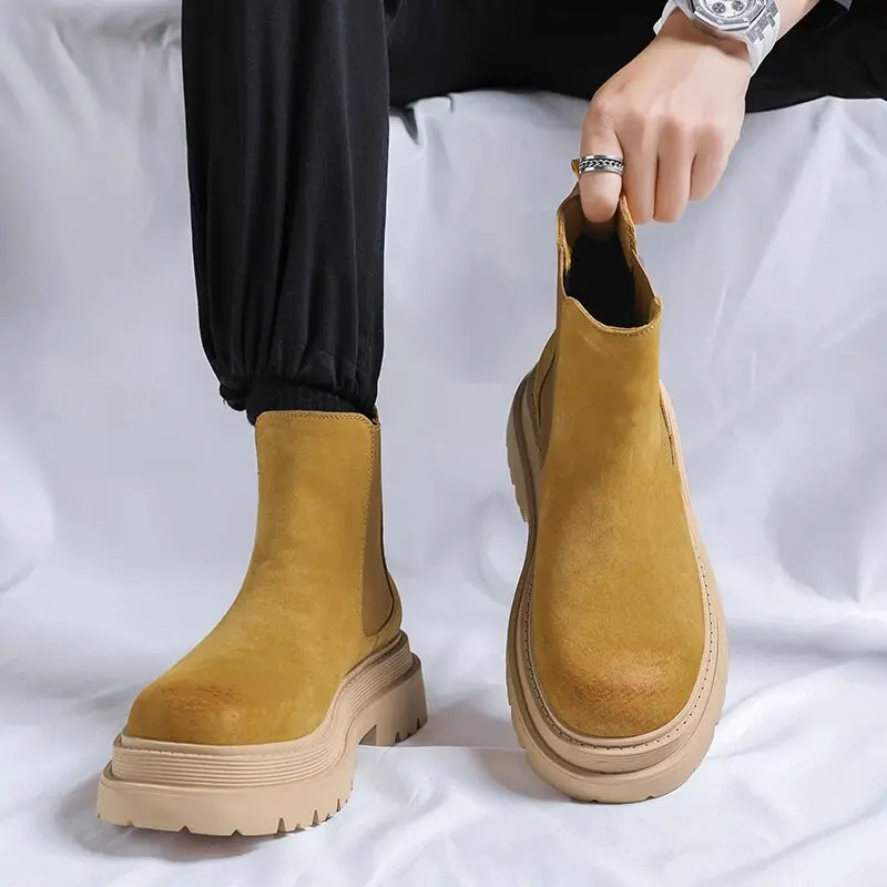 New Vintage British Men Cow Suede Leather Shoes Autumn Winter Height Increasing Shoes Ankle Tooling Boots Chelsea Boots