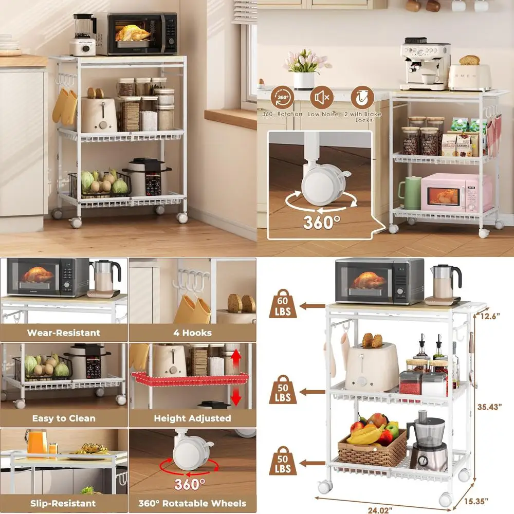 

White 3-Tier Microwave Kitchen Cart with Lockable Wheels and Push Handle, 160 lbs Capacity for Home and Office Use