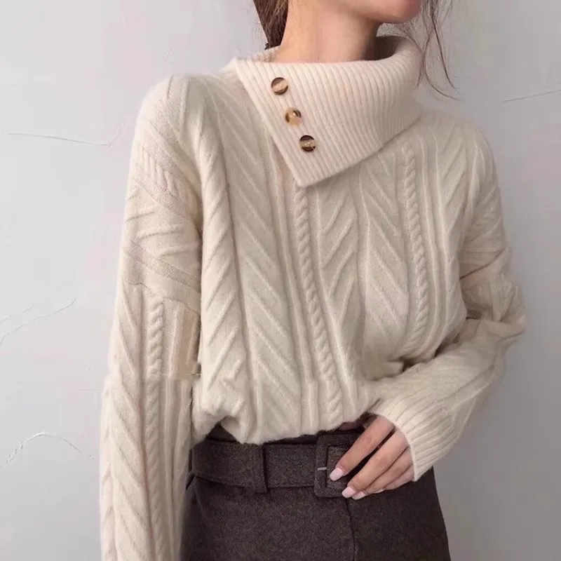 Fashion Tops 2023 Women Sweater Autumn Winter Chic Turtleneck Loose Thick Warm Pullover Sweaters Long Sleeve Ribbed Knitwears