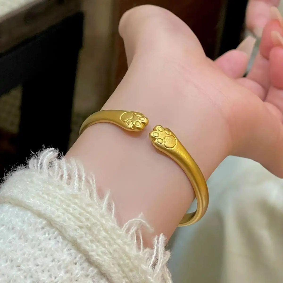 

Timeless Playful Elegance! 24K AU999 Gold Filigree Paw Bangles, Delicate Metal Lace Mimicking Soft Fur Texture