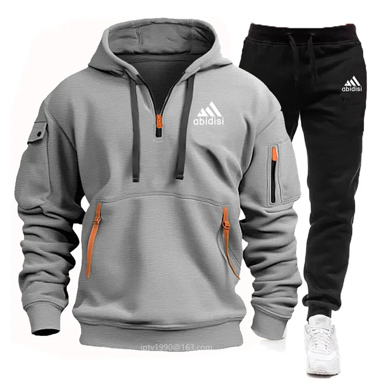 2024 Autumn/Winter men's track-and-field jogging casual tracksuit multi-pocket zipper hoodie + black pants two-piece set