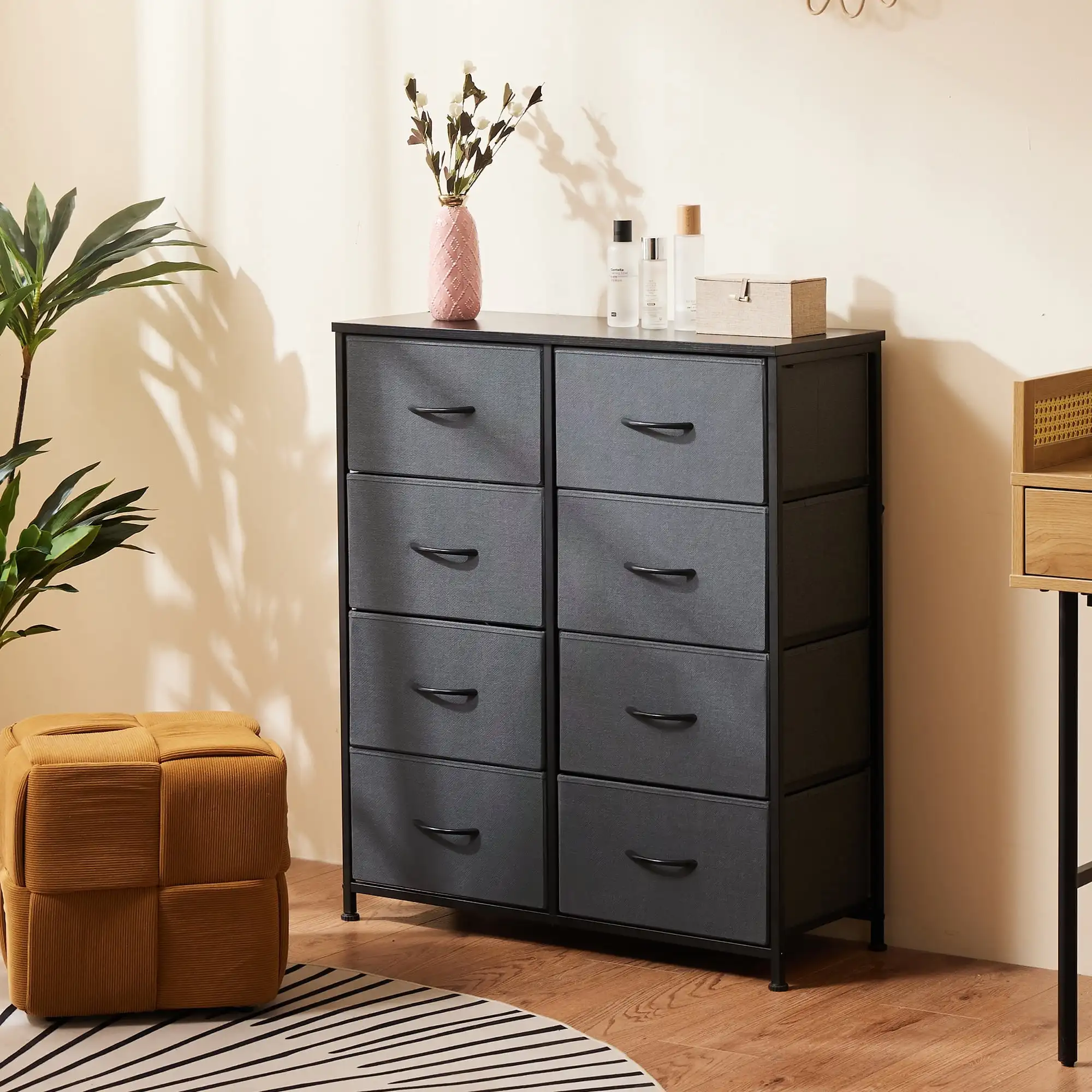 

Fabric Dresser for Bedroom, Doulbe Dresser with 8 Drawers, Metal Frame, Wood Tabletop, Grey