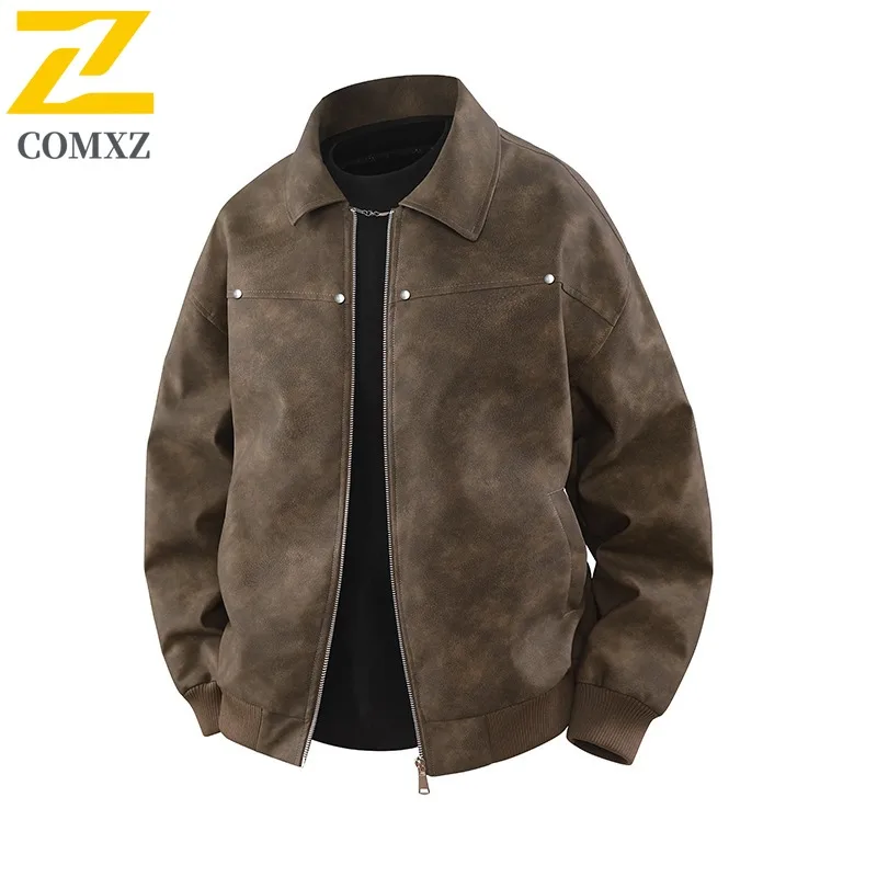 

COMXZ Casual Stand Collar Mens Leather Jacket American Style Lightweight Motorcycle Coat Casual Outdoor Cycling Autumn Clothing
