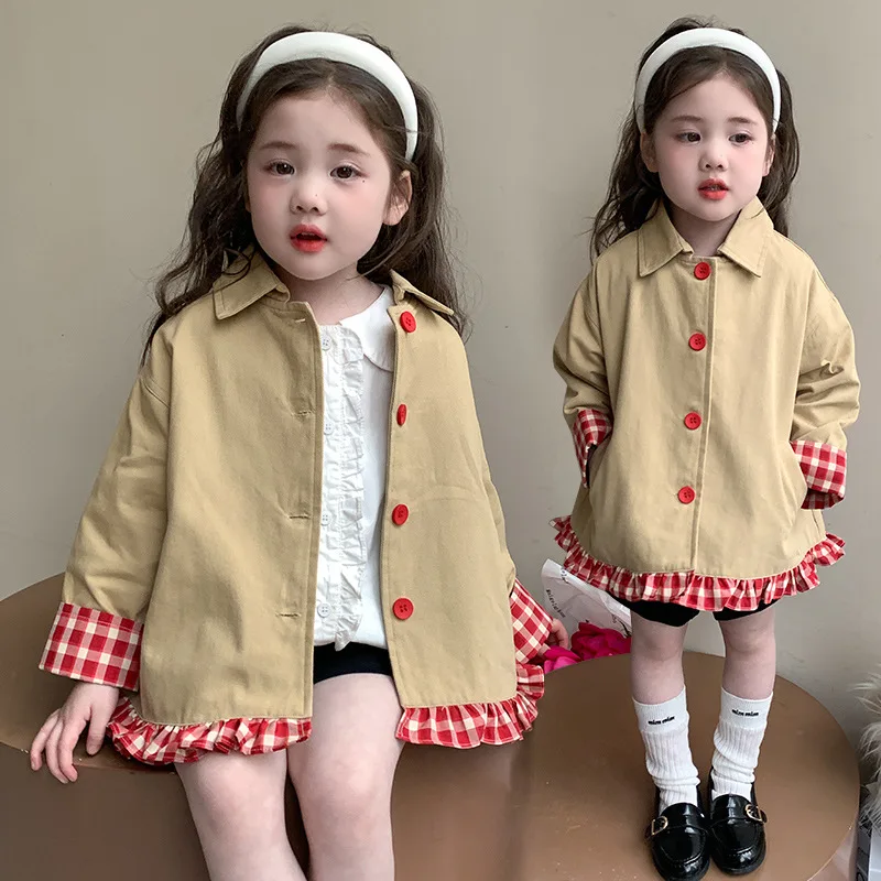 

2025 New Autumn Children's Lapel Red Button Splicing Checkered Cuffs Cotton Windbreaker