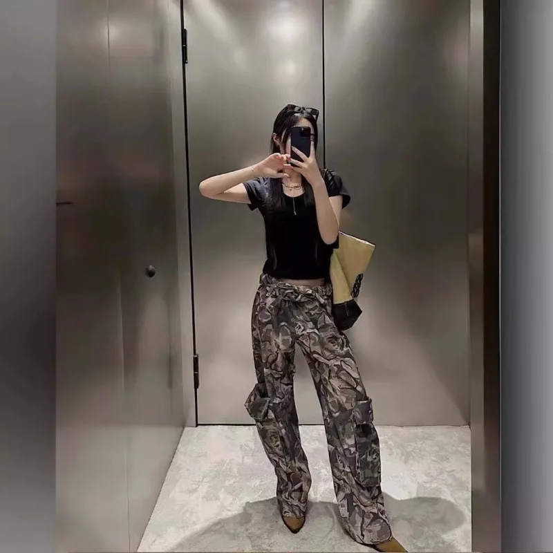 سراويل عمل مموهة مفتوحة YY موضة 2025 سراويل عمل كورية مموهة بخصر كبير جيوب كبيرة سراويل عمل فضفاضة غير رسمية