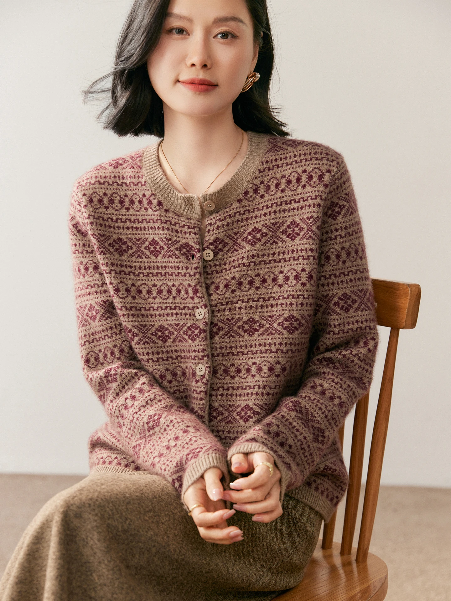 Women's 100% Goat Cashmere Cardigan Sweater Autumn Winter O-neck Button Fair Isle Retro Soft Knit Clothing Light Luxury High-end