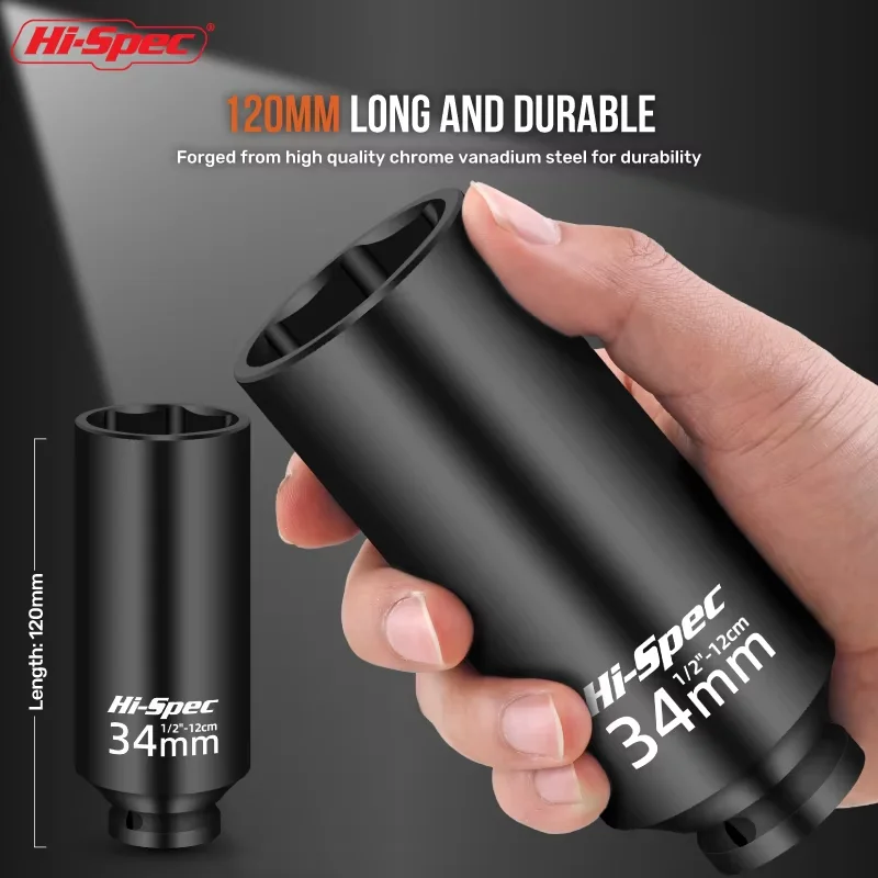 1/2 Inch Drive Extra Long Deep Impact Sockets CR-V Steel Black Phosphate High Torque for Pneumatic Electric Wrench Tool