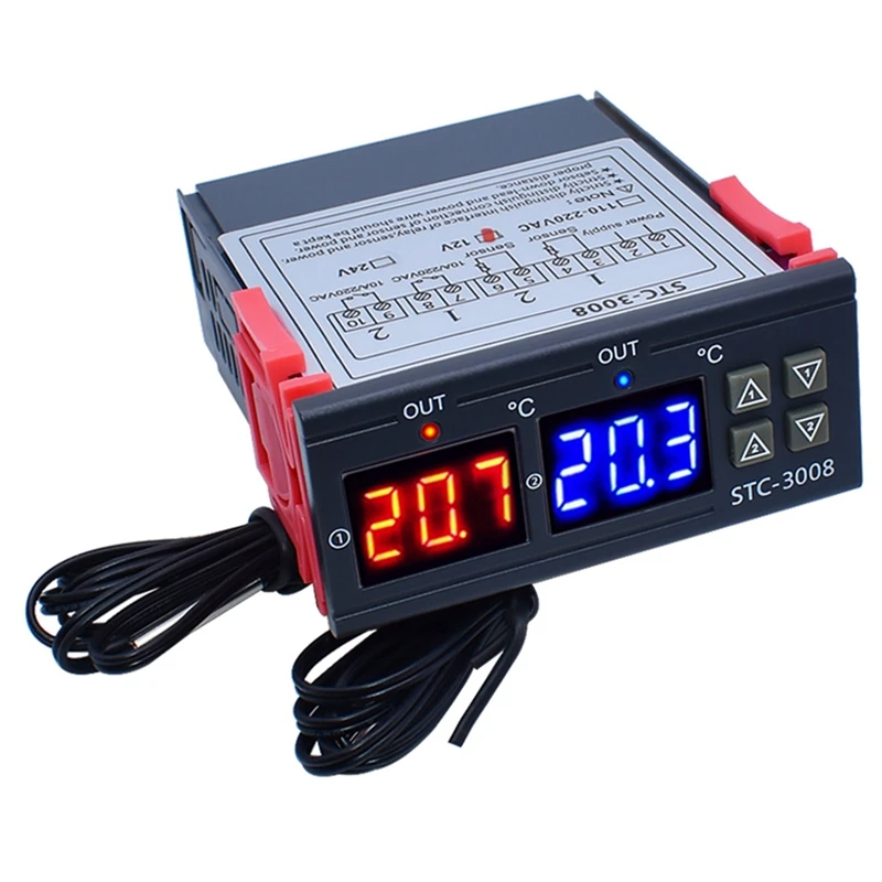 

Dual Digital STC-3008 Temperature Controller Two Relay Output Thermostat Heater With Probe Temperature Controller 12V