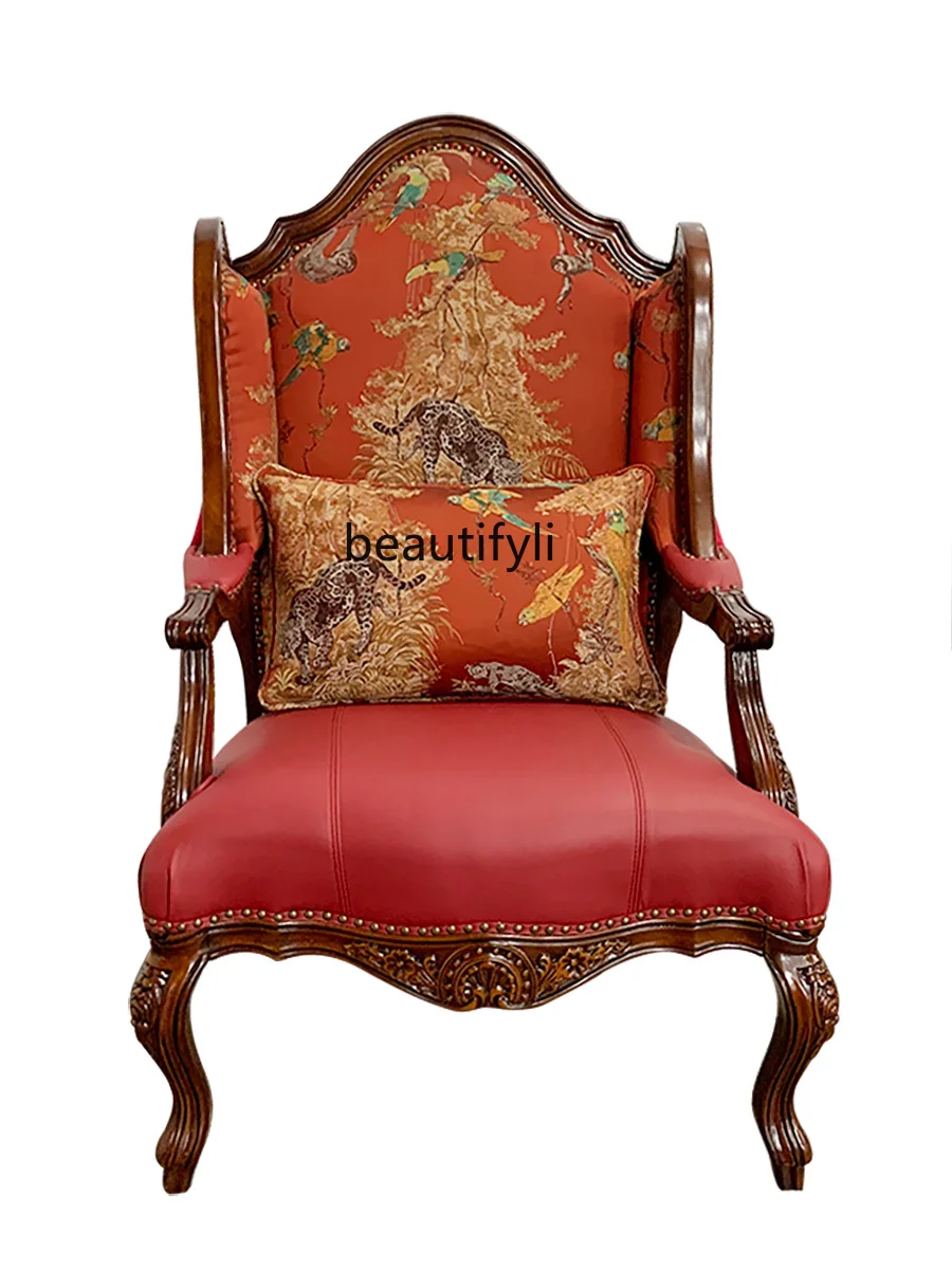 

American Solid Wood Casual Retro Living Room Couch Carved Conference Chair Combination Classical Fabric Leather Armchair