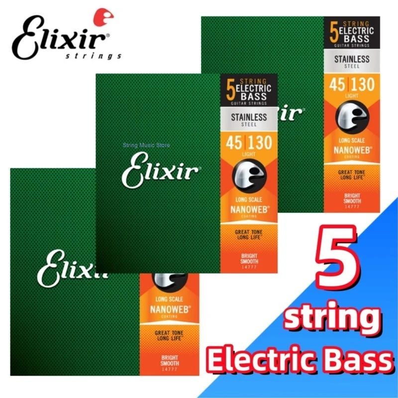 3 Pieces Elixir Strings 14777  Stainless Steel 4-5 String Bass Strings NANOWEB Coating, Long Scale, Light  045，065，085，105, 130