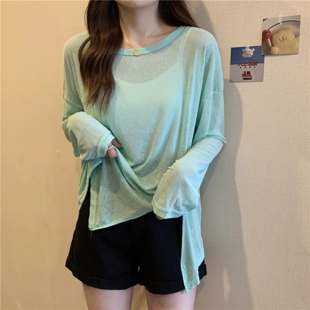 Comfortable Thin Sunscreen T-shirt Pure Color Round Neck Long Sleeved Top Oversized Elastic Beach Cover Streetwear