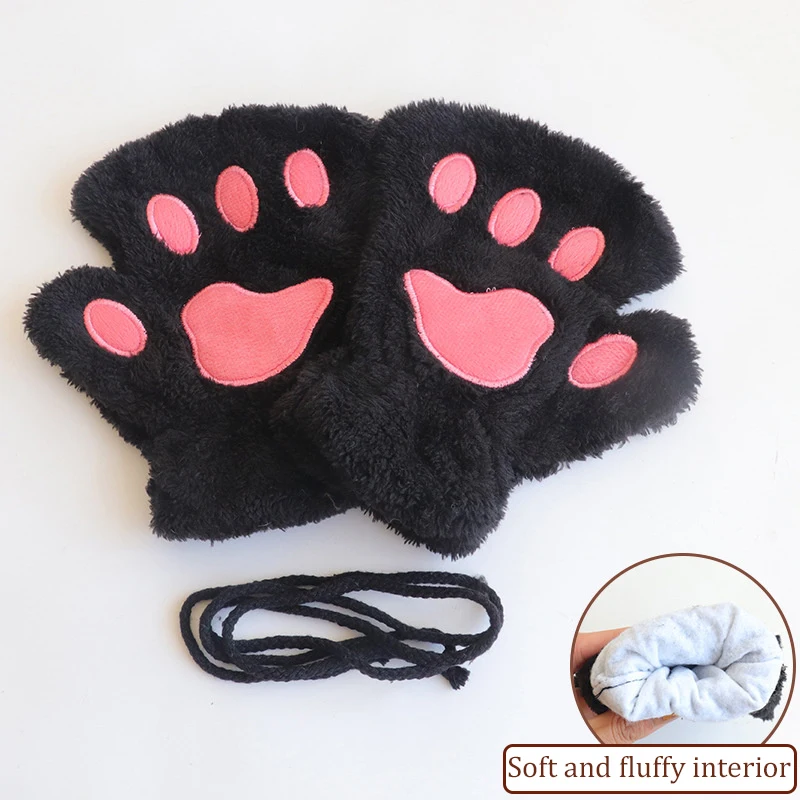 Lovely Plush Cat Claw Paw Gloves, Mittens, Warm, Soft, Fluffy, Bear, Half Finger, Furry Handwarmers, Costume