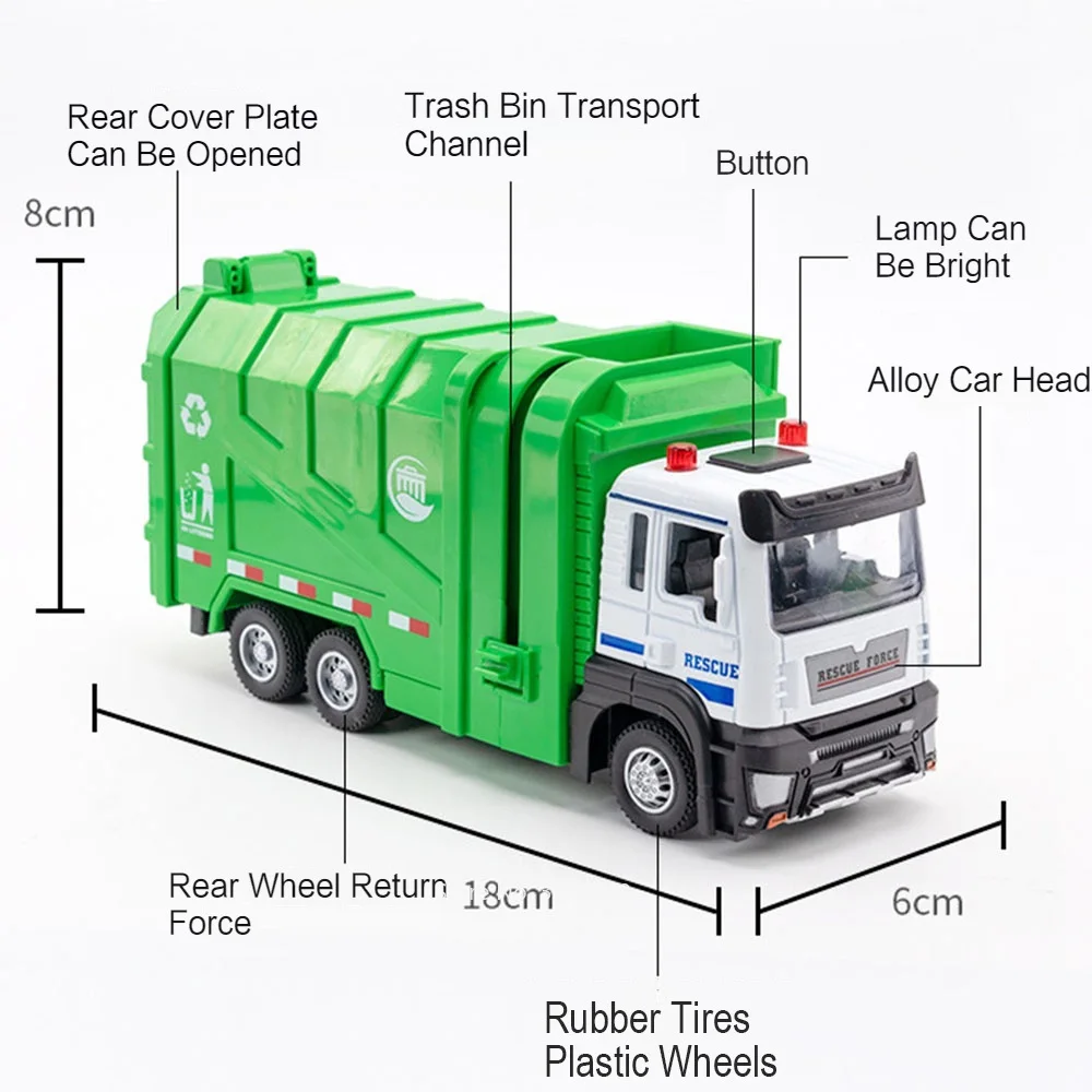 1/32 Urban Sanitation Toy Cars Models Engineering Garbage Car Sound Light Wheel Pull Back Vehicles Children's Educational Toys