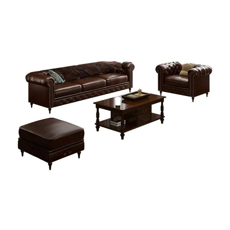 American light luxury leather sofa, first-layer cowhide four-person straight-row sofa combination