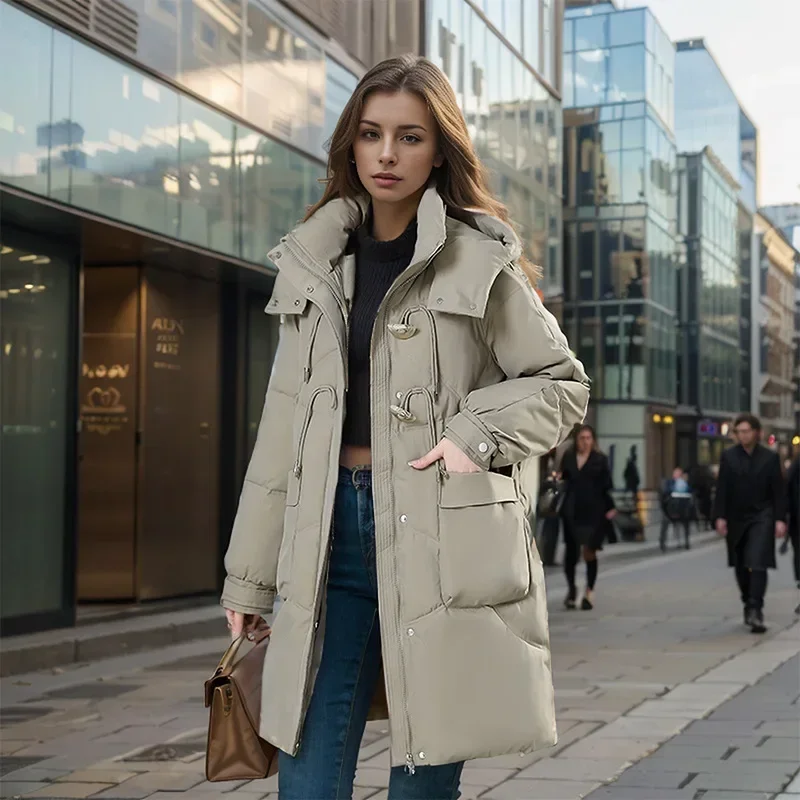 

Women's Coat Winter Women's Long Cotton Jacket Female Hooded Horn Button Jacket Tops Women's Thicken Warm Parkas Outwears New