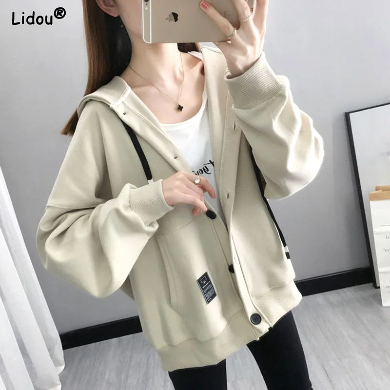 Women's Clothing 2022 Hooded Cardigan Korean Fashion Tops Patchwork Pockets Button Casual Autumn Winter Thin Straight Drawstring