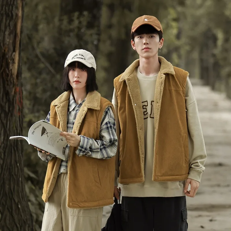 

Large Size Quality Lambswool Vests Men Women Winter Warm Cozy Fashionable Outerwear Fleece Lined Corduroy Sleeveless Jacket Man