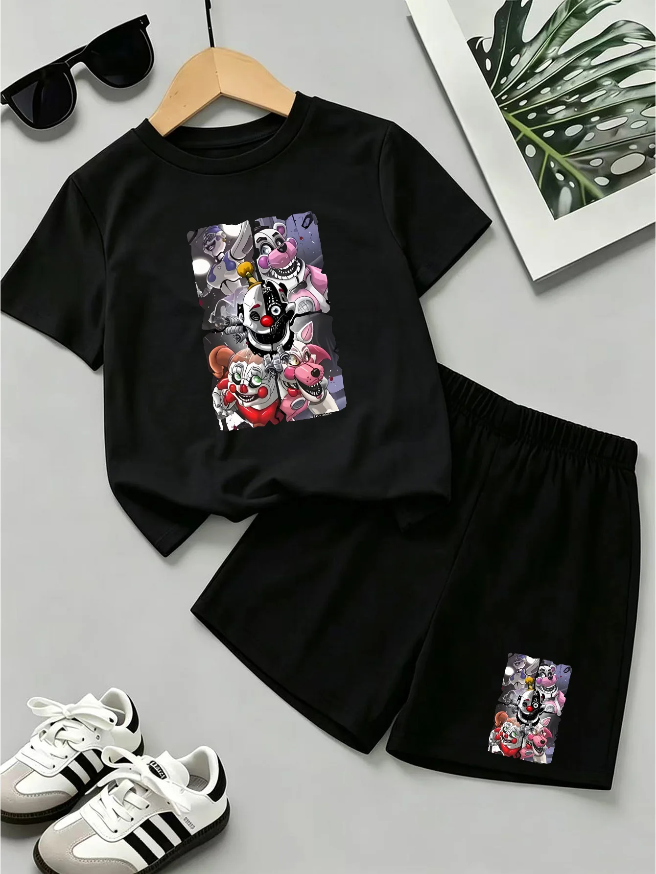 Conjunto de manga corta con estampado de Five Nights At Freddy's Sister Location para niños, conjunto de camiseta y pantalones cortos deportivos informales de verano para niños/niñas