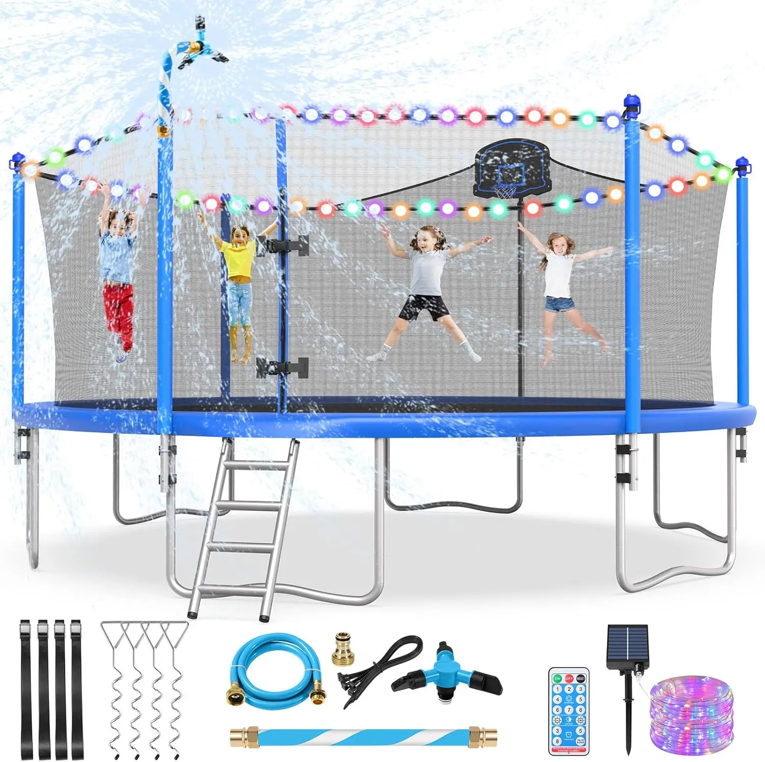 

10/12/14/15/ Trampoline Outdoor, Large Kids Trampoline with Light, Stakes, Sprinkler, Backyard Trampoline with Bask