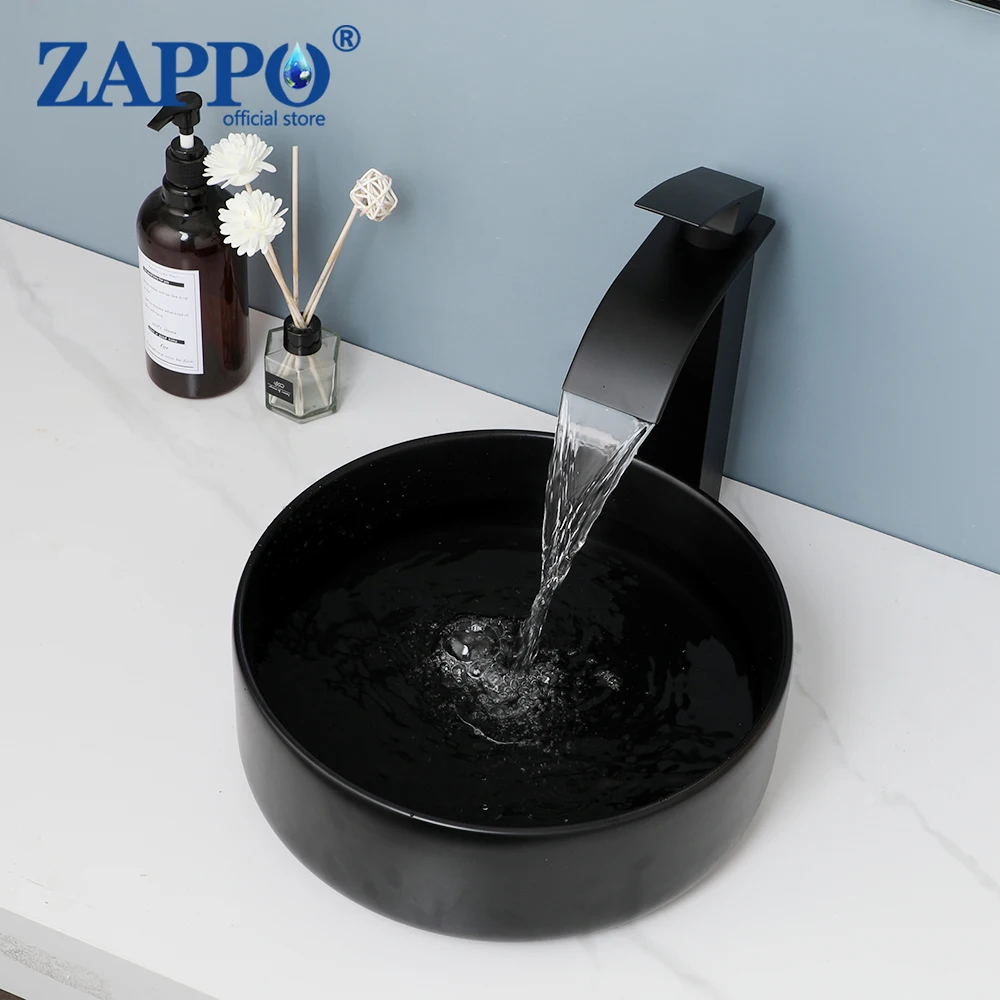 

ZAPPO Bathroom Ceramic Vessel Sink Black Round Washing Bowl Deck Mounted Basin Sink Waterfall Faucet Mixer Tap Combo