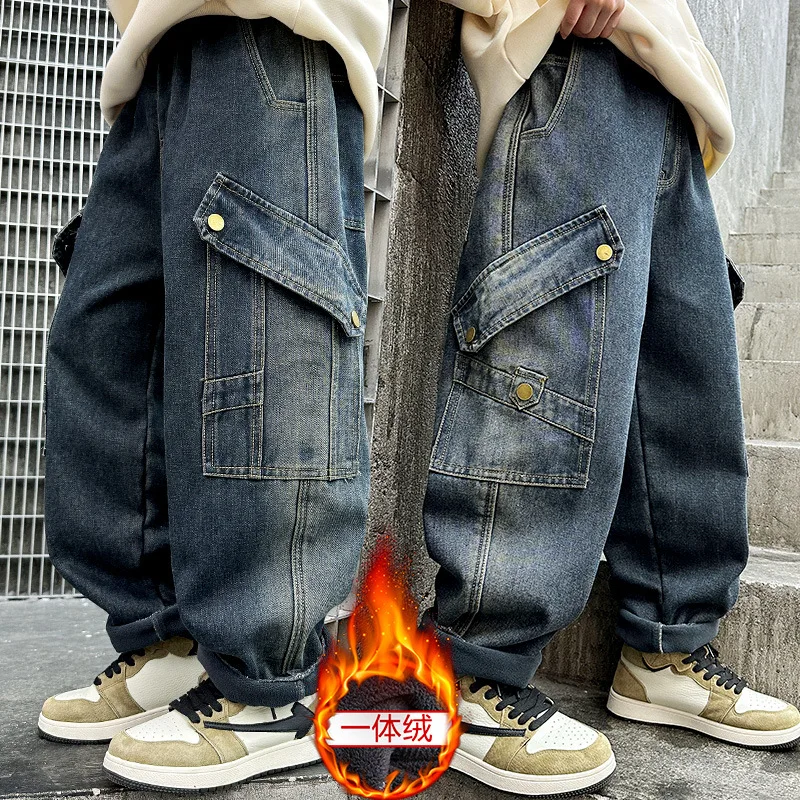 

New fall and winter style boys' jeans - large size thick and warm loose work pants for boys, trendy brand, warm pants