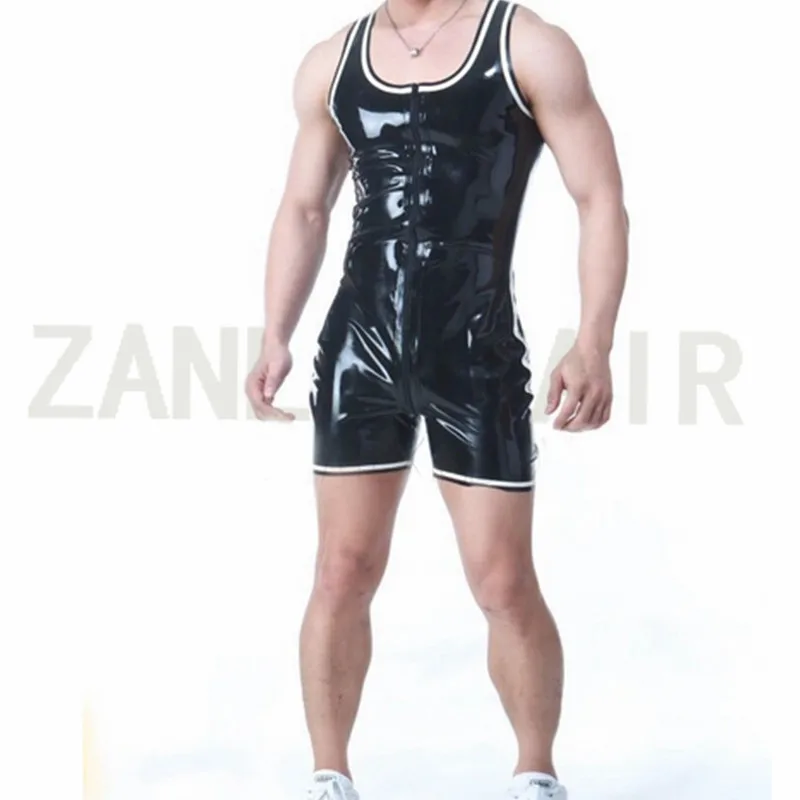 

Handmade Swim Lingerie Exotic Male Men Latex Black No Sleeves Front Zipper Sports Vest Customize Catuits Cekc Fetish Uniform