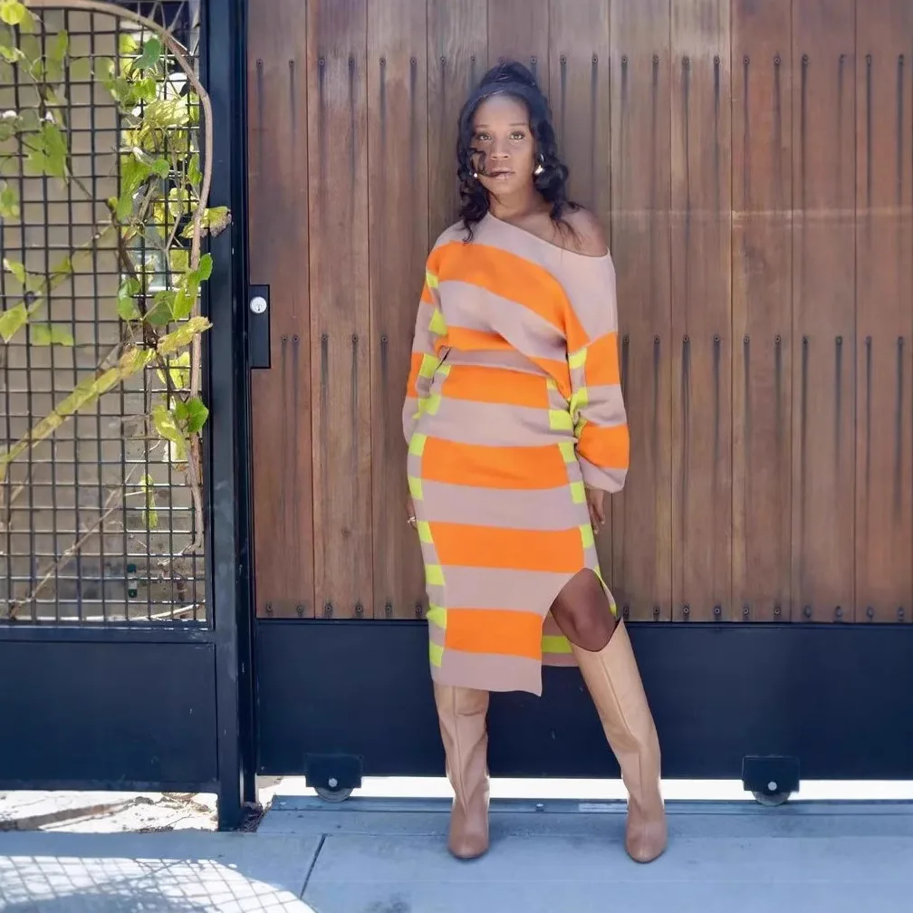 

2025 New Women's Long Sleeve Striped Split Skirt Set with Sweater Cross-Border Independent Station Fashionable And Elegant