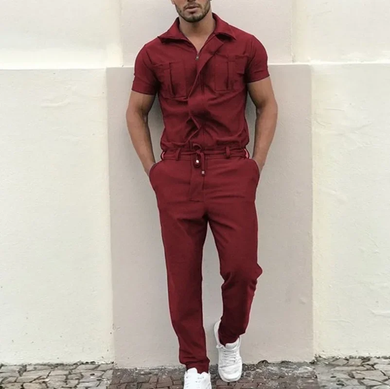 Men Outfit Set 2024 Men\'s Fashion Short Sleeve Pocket Zip Zip Jumpsuit Overalls Overalls Overalls Men Clothing