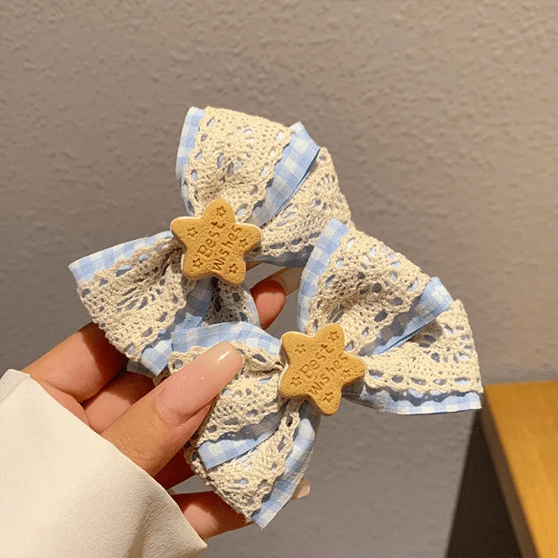 Blue artistic Milk star bow lace hairpin bangs side hairpin hair accessories girl headwear clip duckbill clip