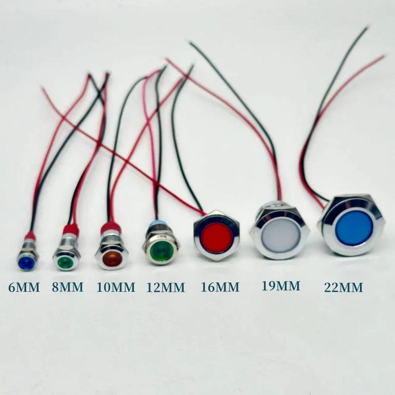 6/8/10/12/16/19/22MM LED Metal Indicator Light Waterproof Signal Light With Wire 3V 5V6V12V 24V 220V Red/Yellow/Blue/Green/White