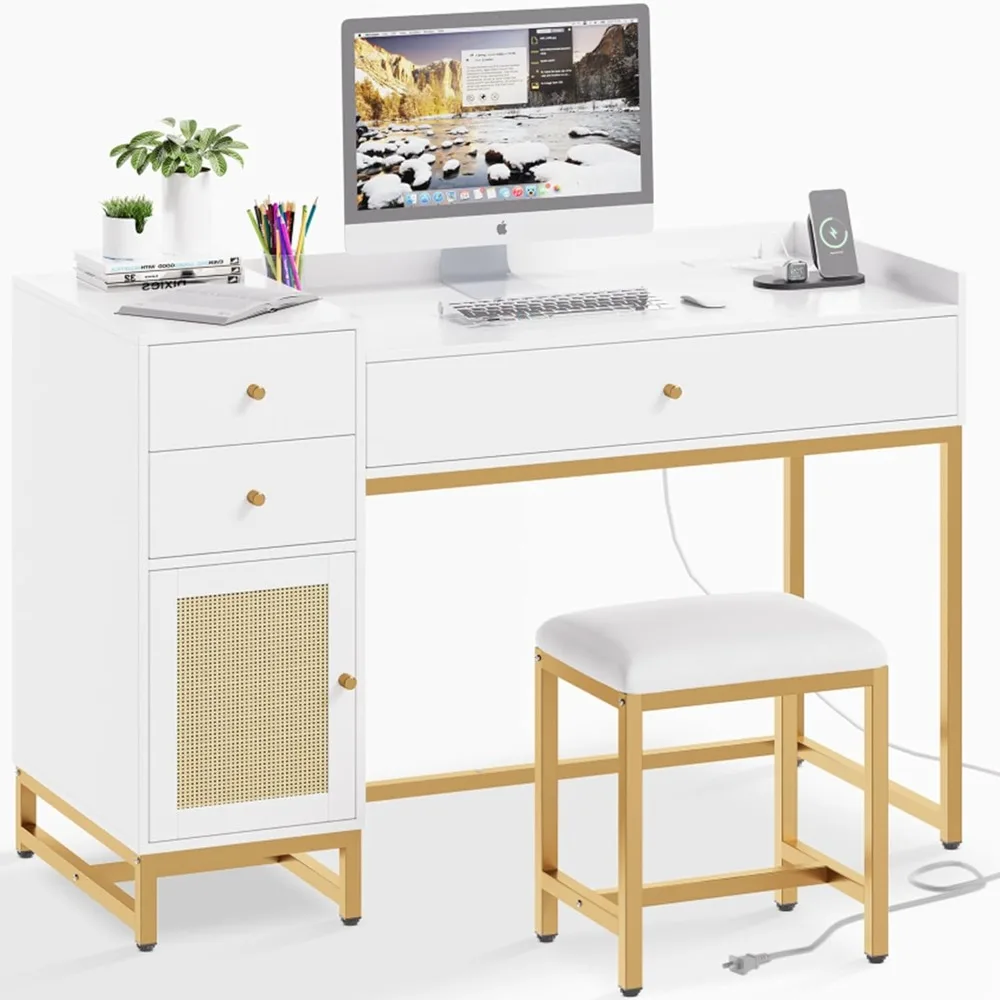 

Office Furniture Desk Sets, Computer Desk And Chair Set, White And Gold Desk With 3 Drawers And Rattan Cabinet,Home Office