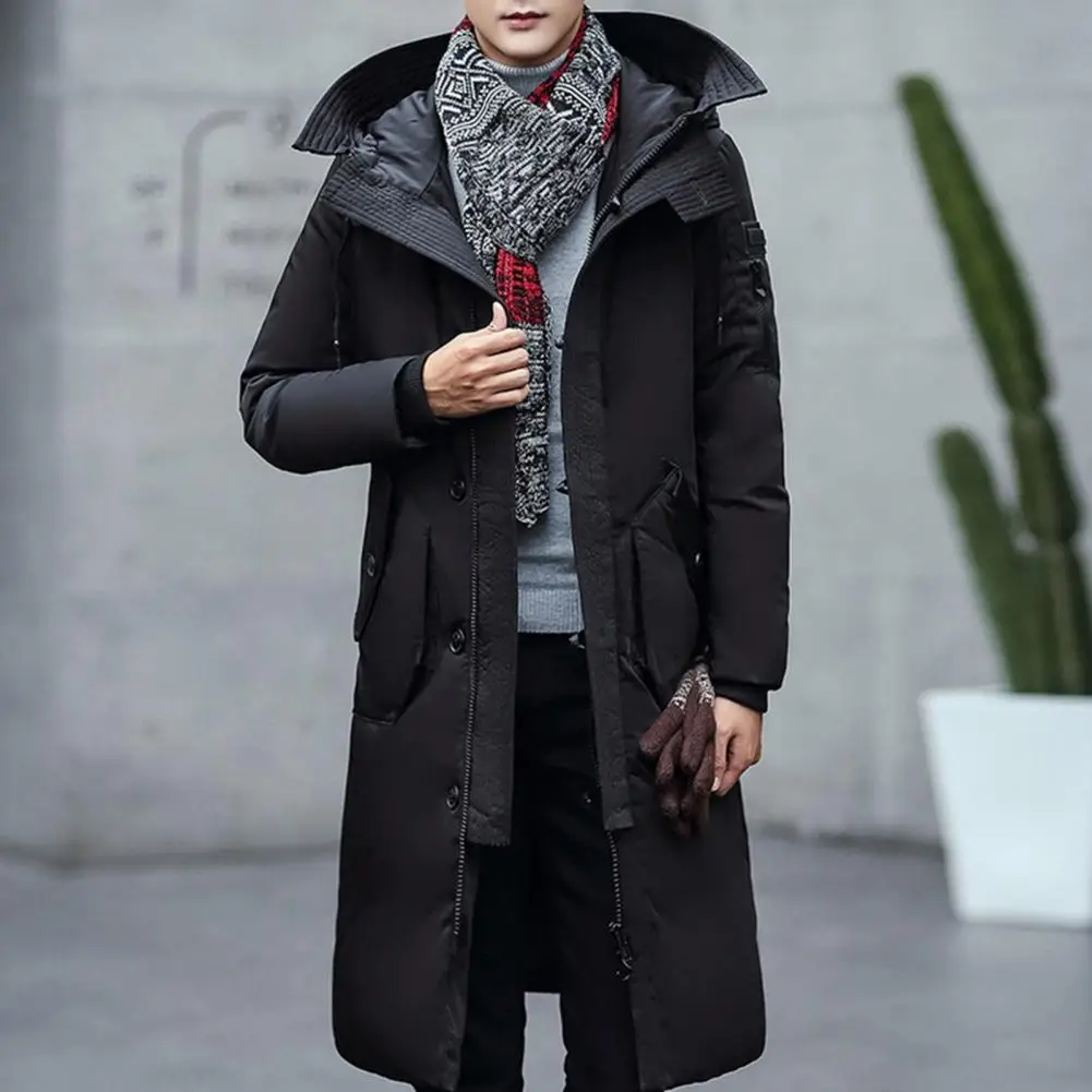 Hooded Winter Down Coat for Men Parkas Thickened Solid Color Padded Cardigan Midi Length Zip Up Men's Coat For Daily Wear