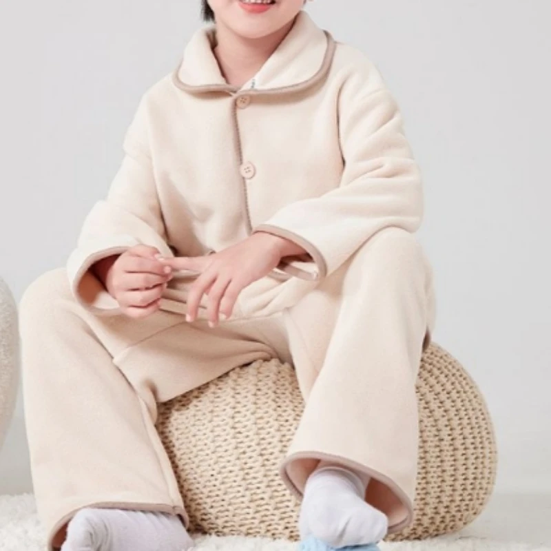 Boys Pajamas Polar Fleece Boys Pajamas Autumn and Winter Double sided Thickened Warming Solid Long-sleeved Set