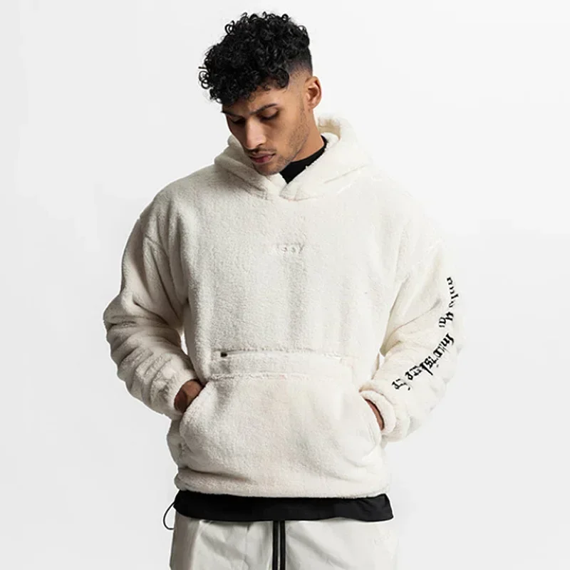2025 Autumn and Winter Men's Warm Wool Hooded Sweatshirt Letter Print Casual Pullover Kangaroo Pocket Hoodie Fleece Sweatshirts