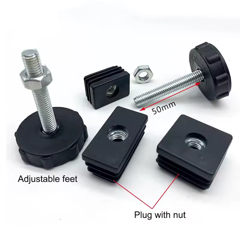 4Pcs Square Adjustable Foot Mat With M8 Nut Pipe Plug Black Rectangle Tube Furniture Leveling Feet Levelers For Table Chair Legs - Image 2