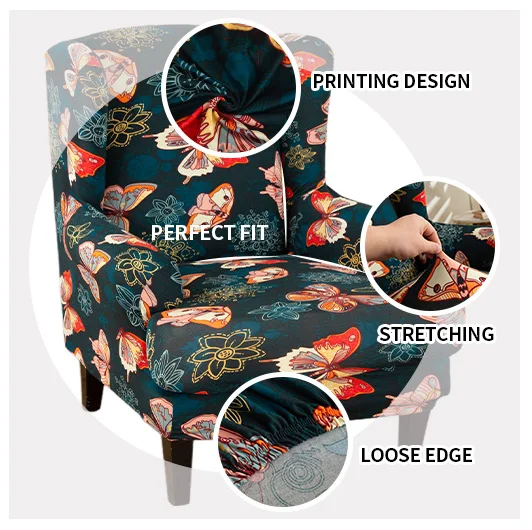 

2-Piece Stretch Wingback Chair Cover Set Printed Wing Chair Cover Spandex Fabric Wingback Armchair Cover Living Room Home Decor