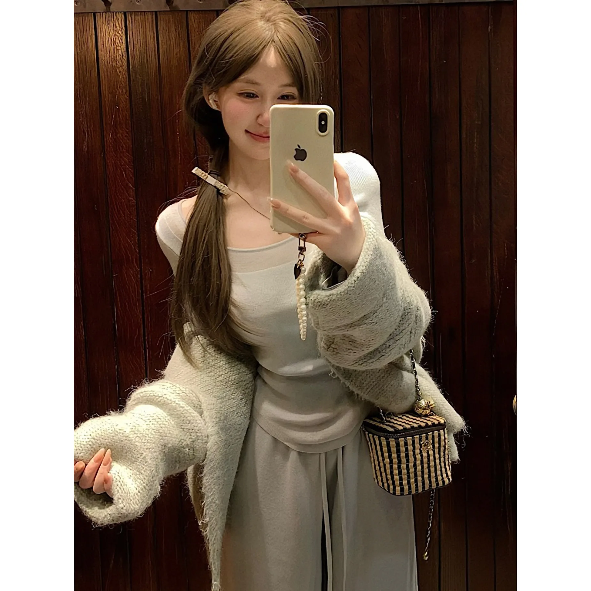 Damen Slim Fit Hemd mit quadratischem Kragen und halbtransparenter Basis, französischer Pure Desire-Baumwollmischung, schicker Langarm-Strickpullover