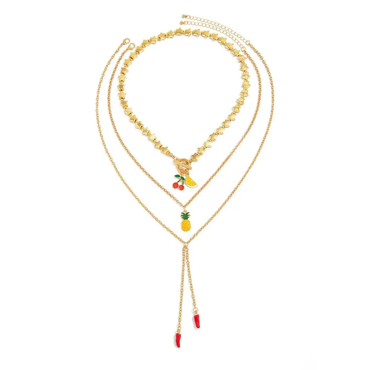 

SHIXIN 3 Pcs/Set Sweet Cherry Pineapple Chili Pendant Necklace for Women Cute Pentagram Chain Tassel Necklace Lady Party Jewelry
