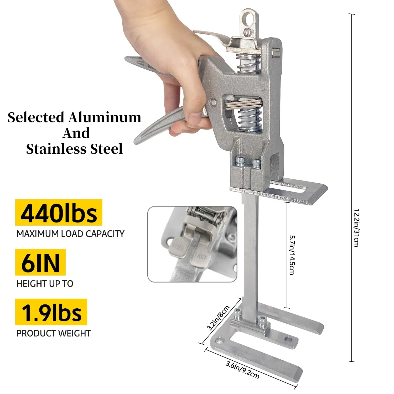 Hand Lifting Jack Tool with Storage Bag Labor Saving Arm Furniture Jack Lifter Slow/Fast Drop Height Adjustment Lifting Device