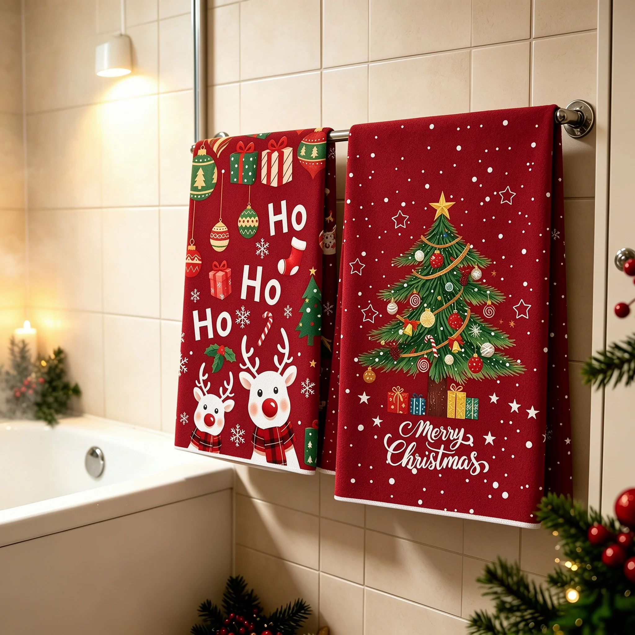 2pcs Christmas Bathroom Towels, Reusable Deer And Christmas Tree Patterns, Christmas Bathroom Decorations, New Year Gifts