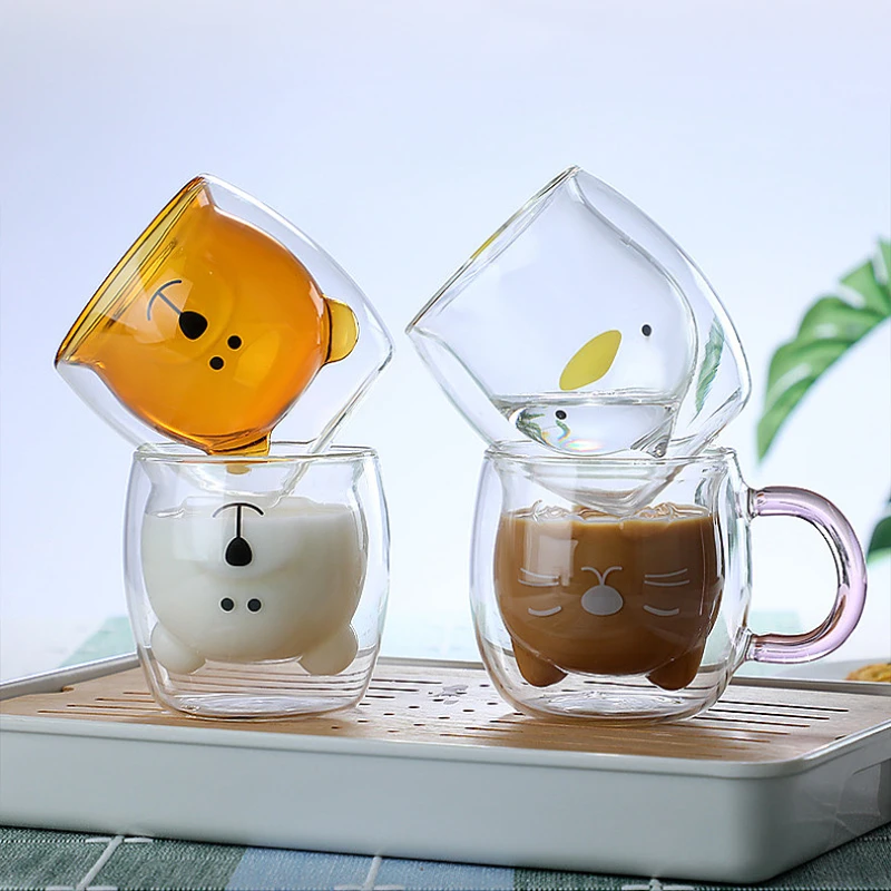 Double Glass Cup Qute Coffee Mug Bear Cat Dog Animal Transparent Cute Milk Juice Tea Drinking Cups Birthday Party Wine Glasses