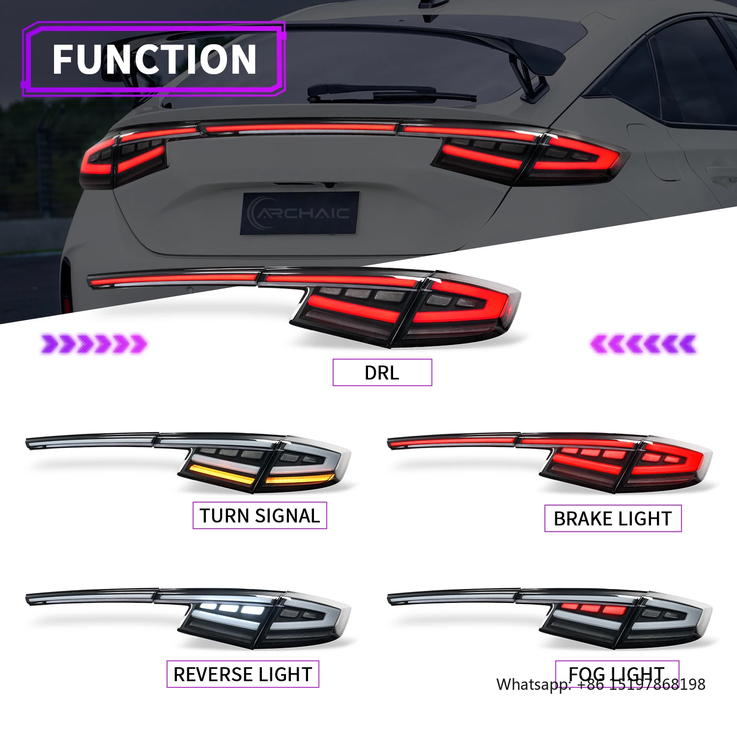 المصابيح الخلفية LED القديمة لـ 1th Gen Honda Civic مصباح خلفي للسيارة 2022-2025 مصباح سيارة هاتشباك FL سلسلة Type-R ضوء خلفي #2